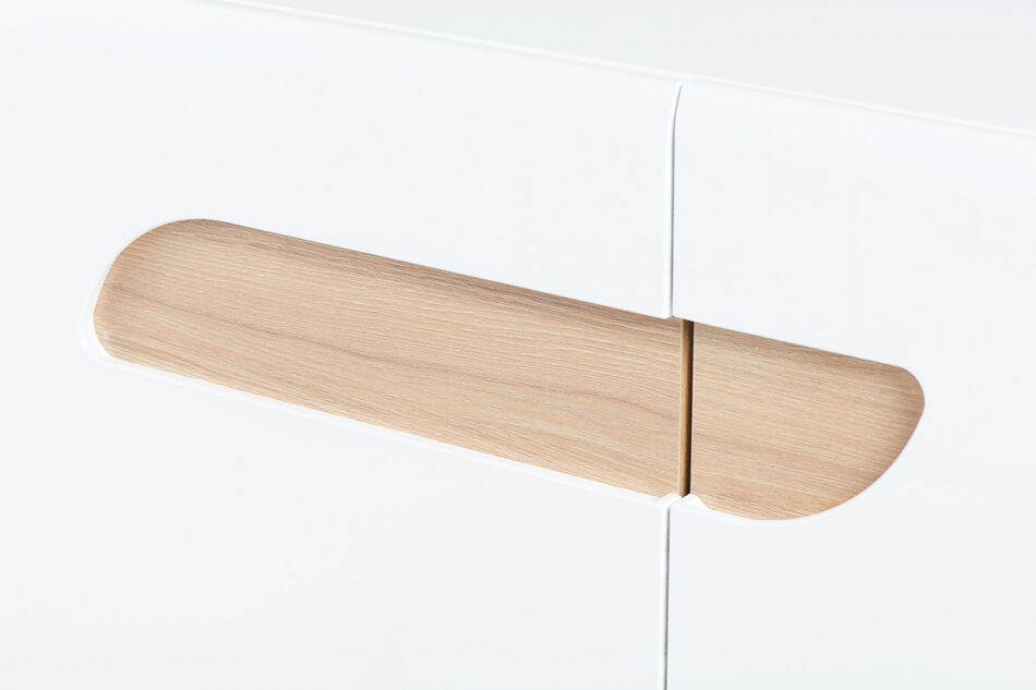 AVERO Komoda z półkami 110 cm w stylu skandynawskim biała biały matowy/biały połysk/dąb - zdjęcie 7