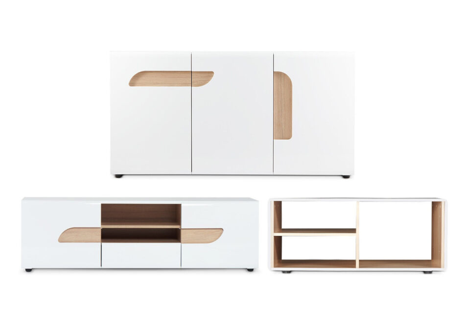 AVERO Komplet mebli do salonu w stylu skandynawskim 3 elementy biały biały matowy/biały połysk/dąb - zdjęcie 0