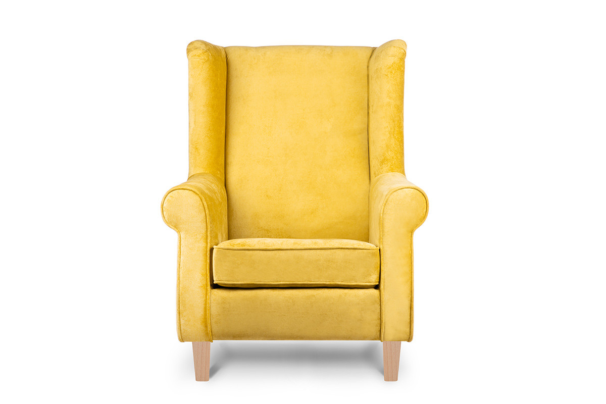 Fotel uszak żółty drewniane nóżki