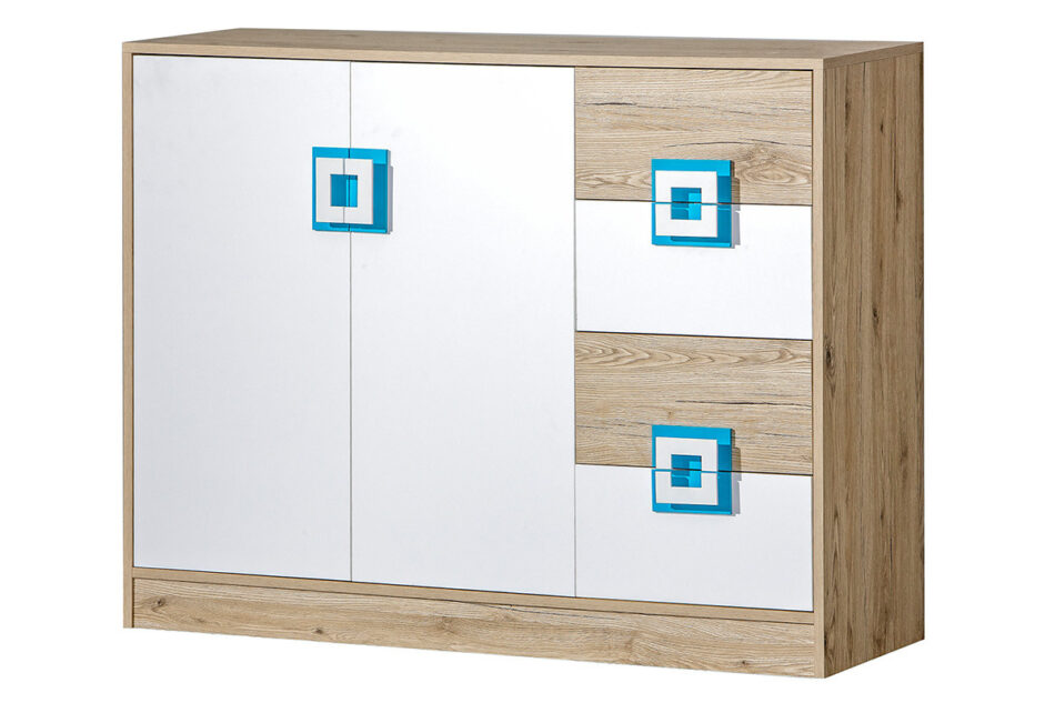CAMBI Kolorowa komoda 120 cm z półkami i szufladami  do pokoju dziecka biała / jasny dąb / turkusowa biały/jasny dąb/turkusowy - zdjęcie