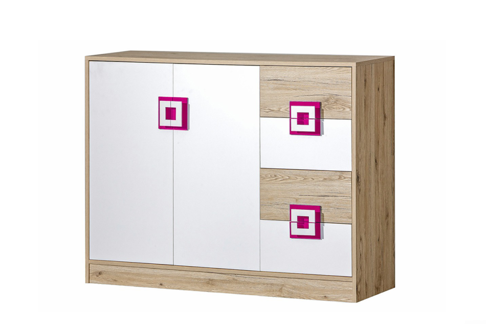 CAMBI Kolorowa komoda 120 cm z półkami i szufladami  do pokoju dziecka biała / jasny dąb / różowa biały/jasny dąb/różowy - zdjęcie