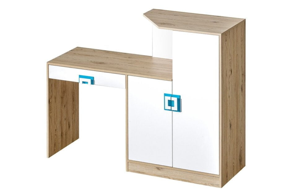 CAMBI Kolorowe biurko z komodą do pokoju dziecięcego białe / jasny dąb / turkusowe biały/jasny dąb/turkusowy - zdjęcie