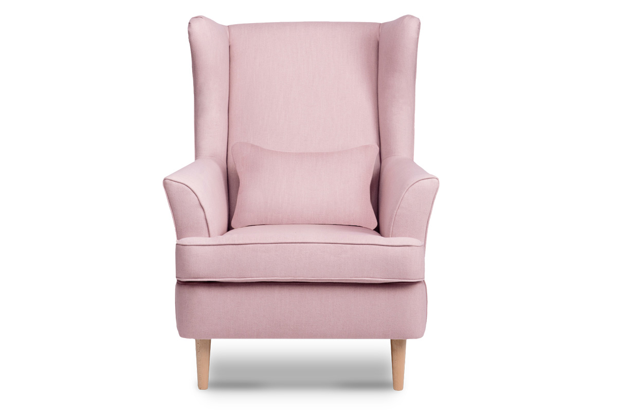 Skandynawski fotel pudrowy róż na nóżkach