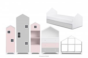 MIRUM, https://konsimo.pl/kolekcja/mirum/ Zestaw meble dla dziewczynki domki różowe 6 elementów biały/szary/różowy - zdjęcie