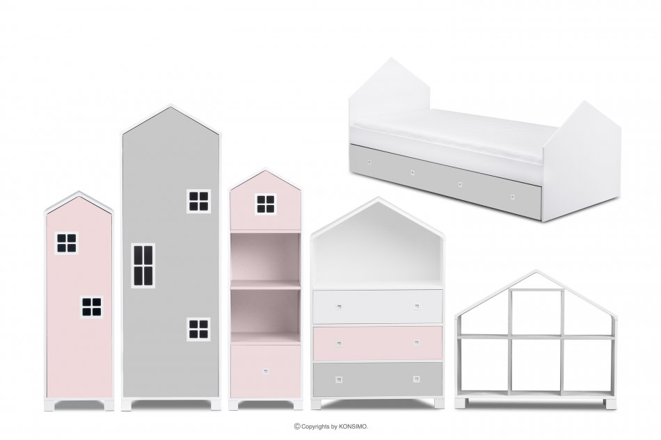 MIRUM Zestaw meble dla dziewczynki domki różowe 6 elementów biały/szary/różowy - zdjęcie 0