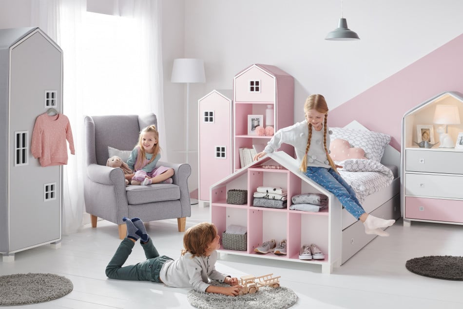 MIRUM Zestaw meble dla dziewczynki domki różowe 6 elementów biały/szary/różowy - zdjęcie 1