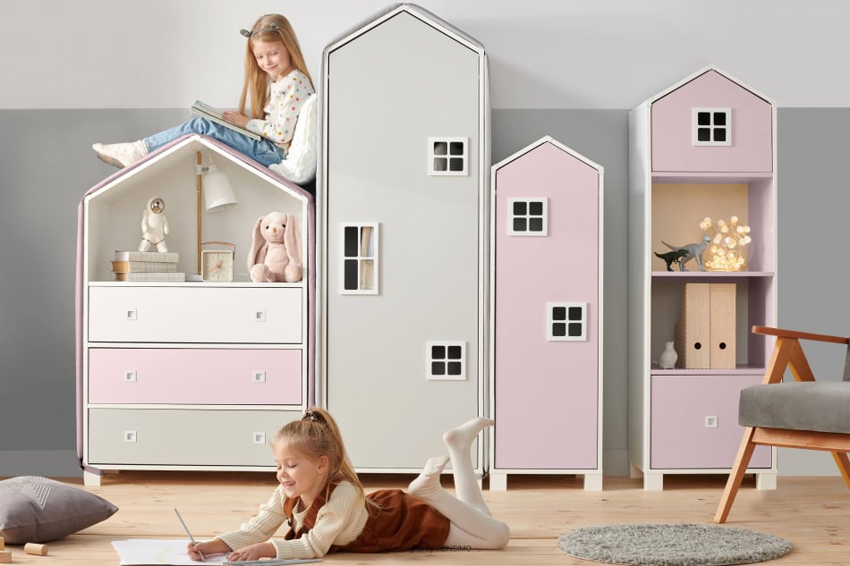 MIRUM Zestaw meble dla dziewczynki domki różowe 4 elementy biały/szary/różowy - zdjęcie 1