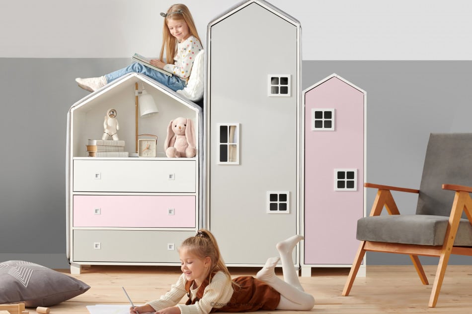 MIRUM Zestaw meble domki dla dziewczynki różowe 3 elementy biały/różowy/szary - zdjęcie 1