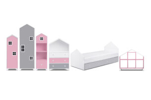 MIRUM, https://konsimo.pl/kolekcja/mirum/ Zestaw meble dla dziewczynki domki różowe 6 elementów biały/szary/różowy - zdjęcie