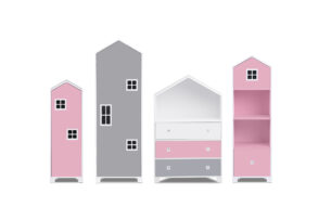 MIRUM, https://konsimo.pl/kolekcja/mirum/ Zestaw meble dla dziewczynki domki różowe 4 elementy biały/szary/różowy - zdjęcie