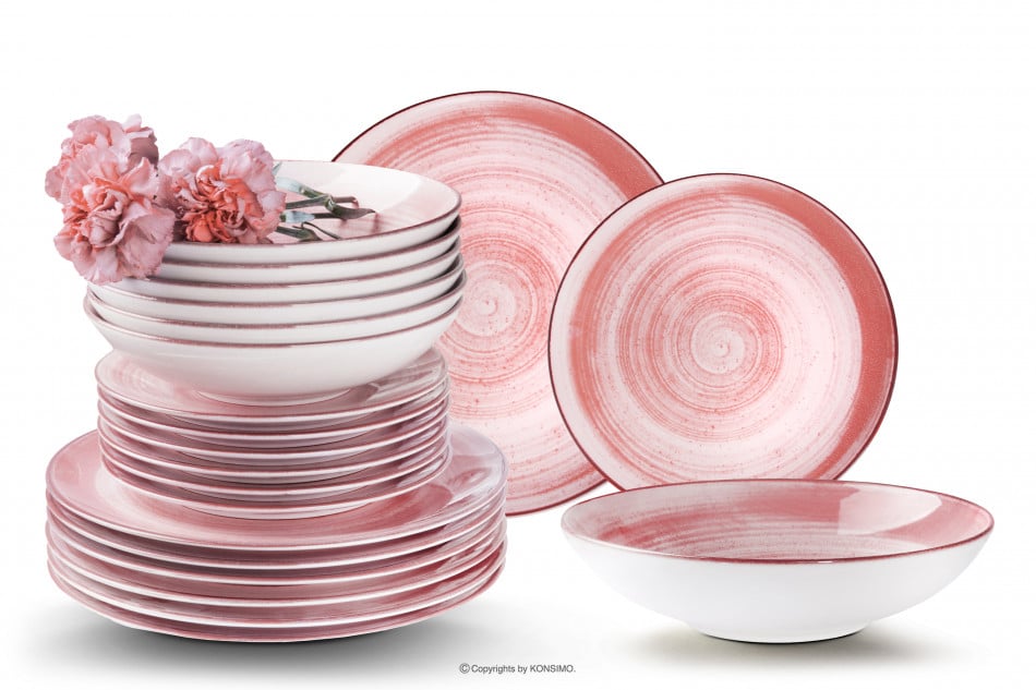 LINARI Nowoczesny zestaw talerzy obiadowych dla 6 os. 18 elementów różowy koralowy - zdjęcie 0