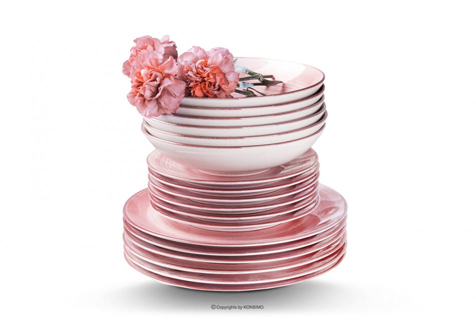 LINARI Nowoczesny zestaw talerzy obiadowych dla 6 os. 18 elementów różowy koralowy - zdjęcie 10