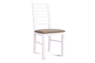 CLEMATI, https://konsimo.pl/kolekcja/clemati/ Drewniane białe krzesło tapicerowane brązowe siedzisko biały/brązowy - zdjęcie