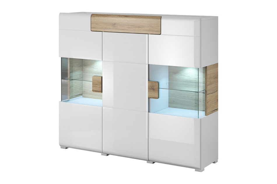 TOLEDO Nowoczesna duża komoda z witryną półki i szuflady biała  biały połysk/dąb san remo - zdjęcie 0