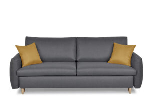 TUBI, https://konsimo.pl/kolekcja/tubi/ Rozkładana sofa 3 osobowa z dodatkowymi żółtymi poduszkami szara szary/żółty - zdjęcie