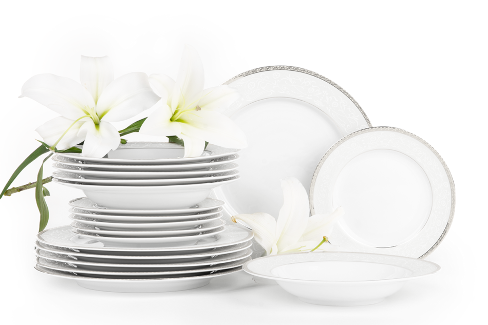 AGAWA PLATIN Serwis obiadowy polska porcelana 18 elementów biały / platynowy wzór dla 6 os. Platin - zdjęcie 0