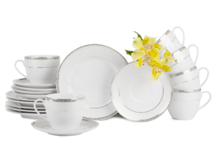 AGAWA PLATIN, https://konsimo.pl/kolekcja/agawa-platin/ Serwis herbaciany polska porcelana 12 elementów biały / platynowy wzór dla 6 os. Platin - zdjęcie