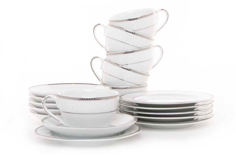 NEW HOLLIS PLATIN Serwis herbaciany polska porcelana 6 os. 18 elementów biały / platynowy wzór Platin - zdjęcie 0