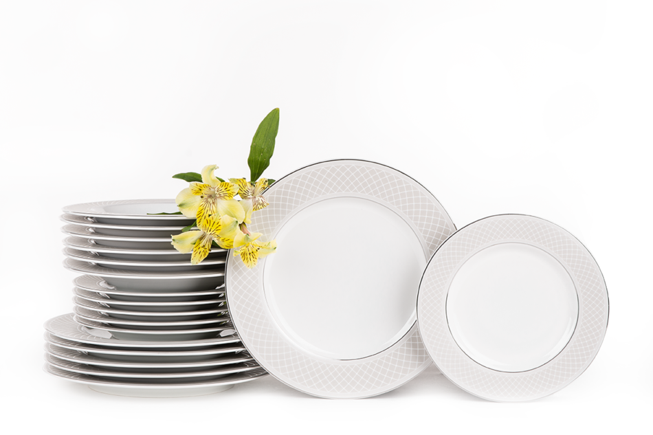 SCANIA Serwis obiadowy polska porcelana 18 elementów biały / platynowy wzór dla 6 os. Platin - zdjęcie 0