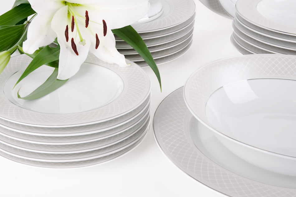 SCANIA Serwis obiadowy polska porcelana 18 elementów biały / platynowy wzór dla 6 os. Platin - zdjęcie 3