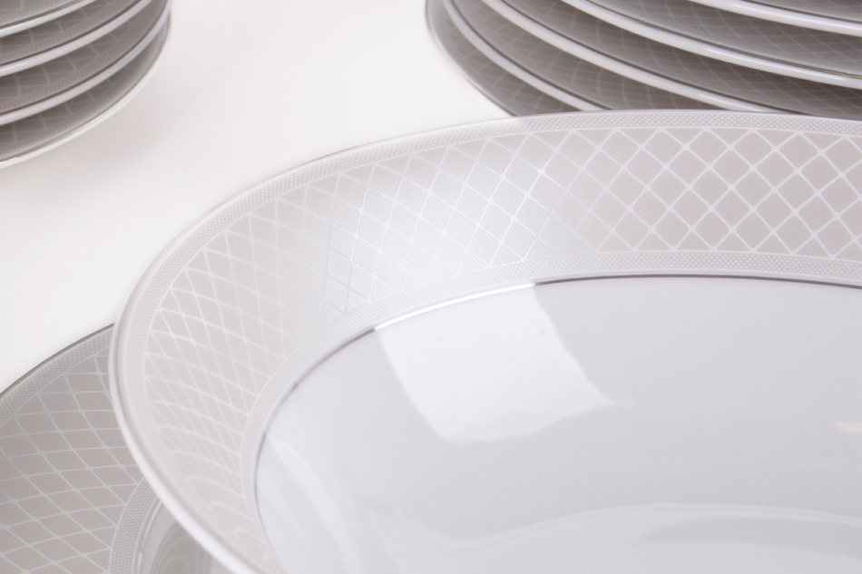 SCANIA Serwis obiadowy polska porcelana 18 elementów biały / platynowy wzór dla 6 os. Platin - zdjęcie 4