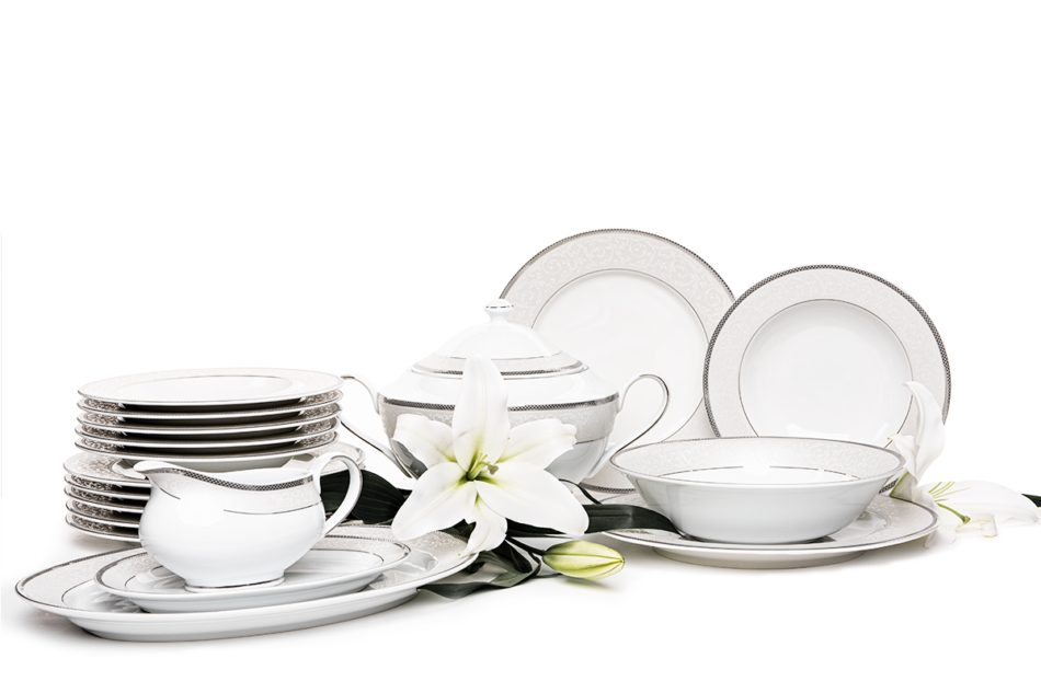 MARTHA PLATIN Serwis obiadowy polska porcelana 6 os. 24 elementy biały / platynowy wzór Platin - zdjęcie 0
