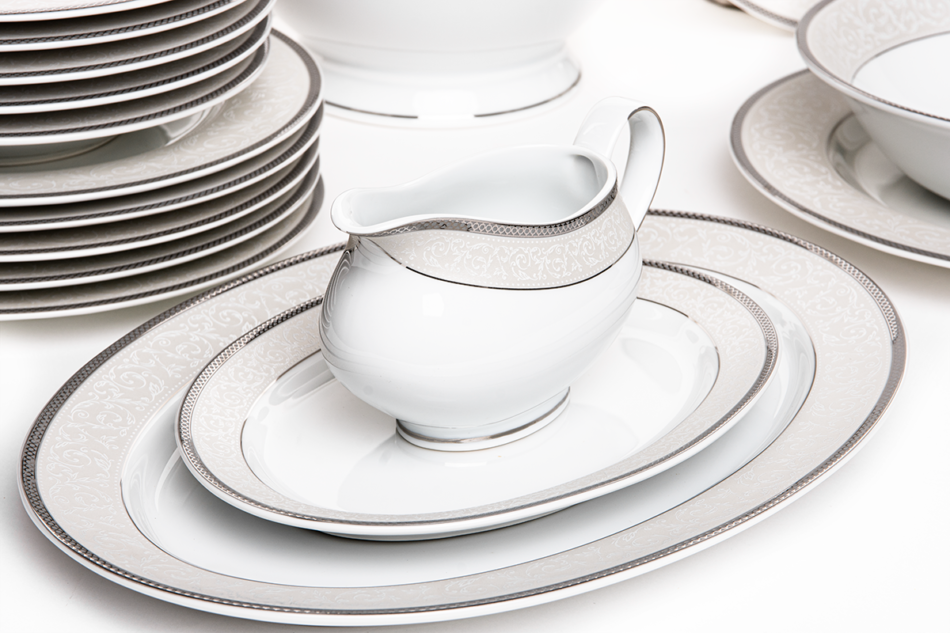 MARTHA PLATIN Serwis obiadowy polska porcelana 6 os. 24 elementy biały / platynowy wzór Platin - zdjęcie 2