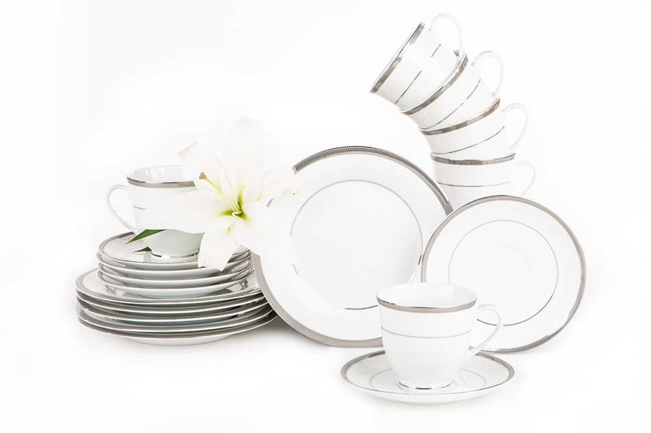 GEOS PLATIN Serwis herbaciany polska porcelana 12 elementów biały / platynowy wzór dla 6 os. Platin - zdjęcie 0