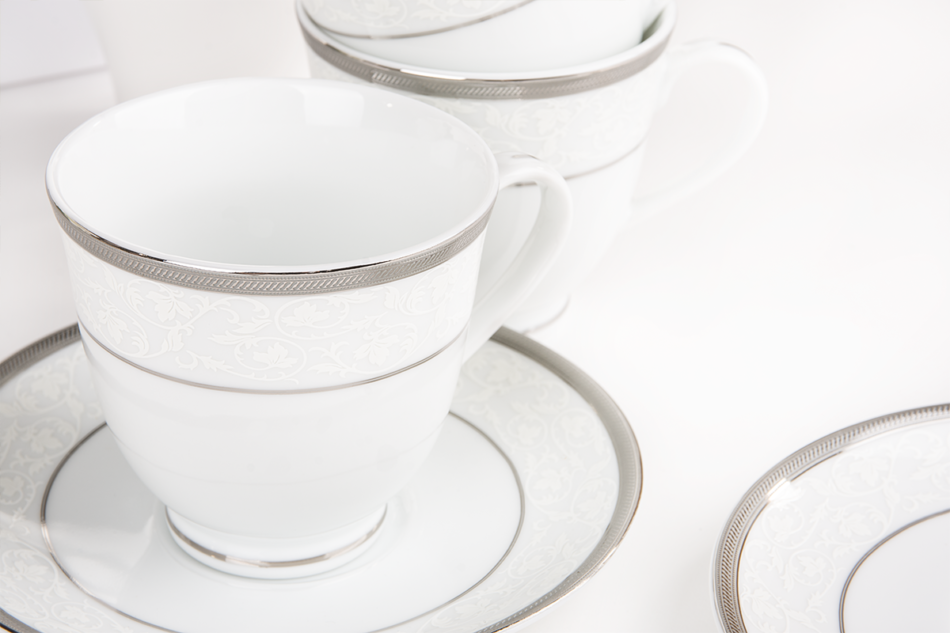 GEOS PLATIN Serwis herbaciany polska porcelana 12 elementów biały / platynowy wzór dla 6 os. Platin - zdjęcie 2