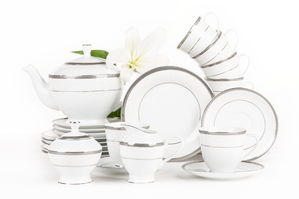 GEOS PLATIN Serwis herbaciany polska porcelana 15 elementów biały / platynowy wzór dla 6 os. Platin - zdjęcie 0