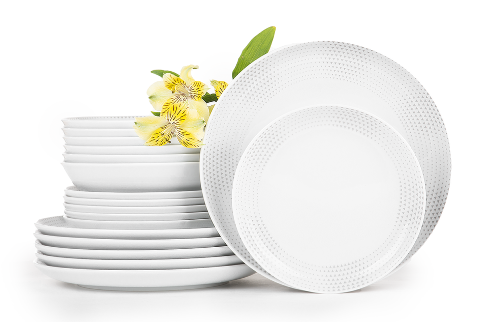 NORA TRÓJKĄTY Serwis obiadowy polska porcelana 6 os. 18 elementów Biały / wzór trójkątów Trójkąty - zdjęcie 2