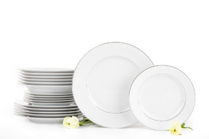 AMELIA SATYNA, https://konsimo.pl/kolekcja/amelia-satyna/ Zestaw obiadowy porcelana 18 elementów biały / srebrny wzór dla 6 os. Satyna - zdjęcie