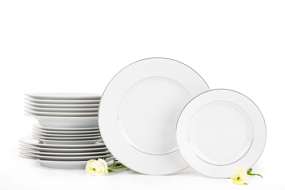 AMELIA SATYNA Zestaw obiadowy porcelana 18 elementów biały / srebrny wzór dla 6 os. Satyna - zdjęcie 0
