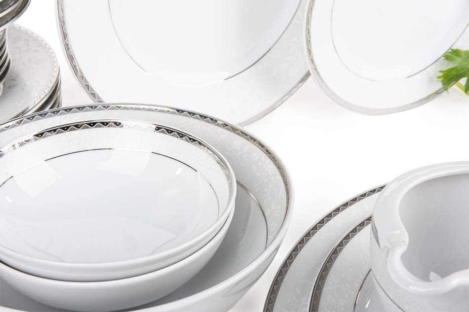 AMELIA PLATYNA Zestaw obiadowy porcelana 24 elementy biały / platynowy wzór dla 6 os. Platyna - zdjęcie 19