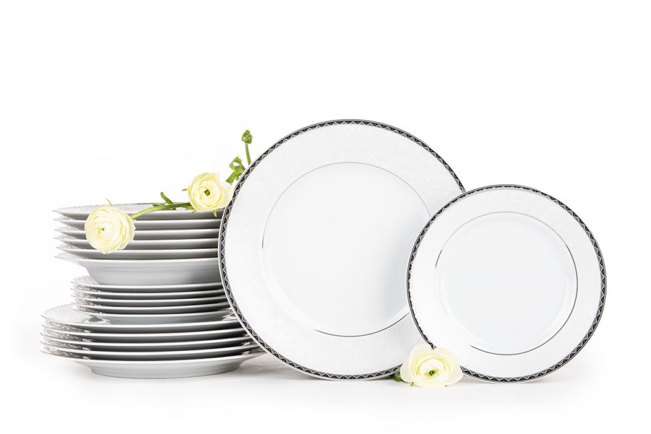 AMELIA PLATYNA Zestaw obiadowy porcelana 18 elementów biały / platynowy wzór dla 6 os. Platyna - zdjęcie 0