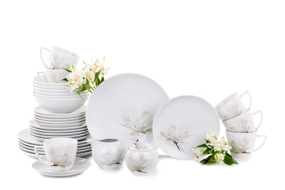 BOSS MAGNOLIA Zestaw porcelanowy obiadowo-kawowy na 6 os. Biały / wzór magnolii Magnolia - zdjęcie 0