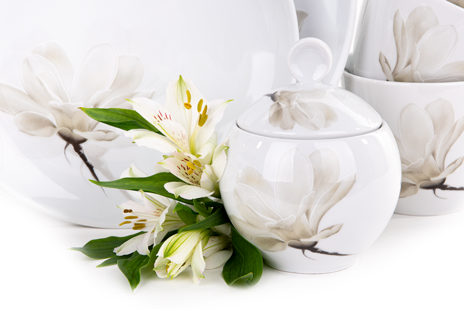 BOSS MAGNOLIA Zestaw porcelanowy obiadowo-kawowy na 6 os. Biały / wzór magnolii Magnolia - zdjęcie 12