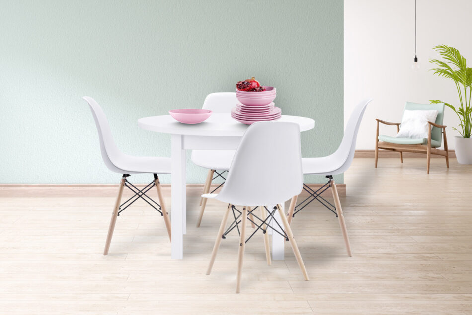 MENZO Zestaw biały okrągły stół i krzesła 4 szt. w stylu skandynawskim biały - zdjęcie 1