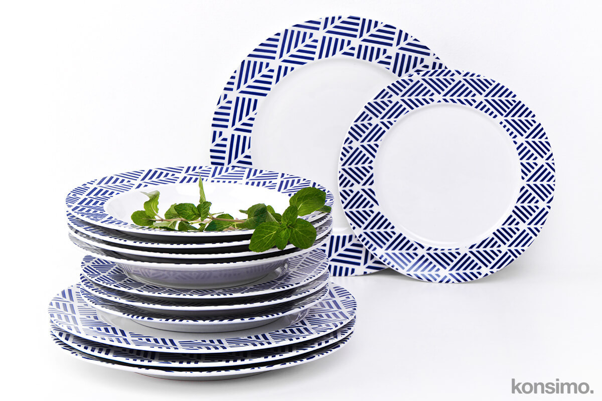 Zestaw obiadowy porcelanowy grecki wzór biały / niebieski dla 4 os.