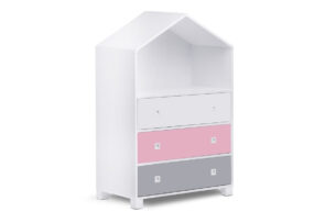 MIRUM, https://konsimo.pl/kolekcja/mirum/ Komoda dla dziewczynki domek różowy biały/różowy/szary - zdjęcie