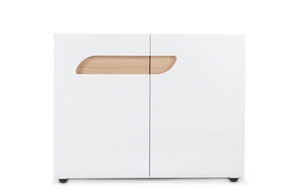 AVERO Komoda z półkami 110 cm w stylu skandynawskim biała biały matowy/biały połysk/dąb - zdjęcie 0