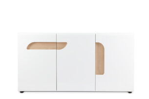 AVERO, https://konsimo.pl/kolekcja/avero/ Duża komoda z półkami 165 cm w stylu skandynawskim biała biały matowy/biały połysk/dąb - zdjęcie