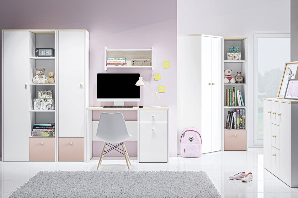 BUBO Podwójny regał dziecięcy z półkami i szufladą biały / różowy biały/drewno bukowe/różowy - zdjęcie 1