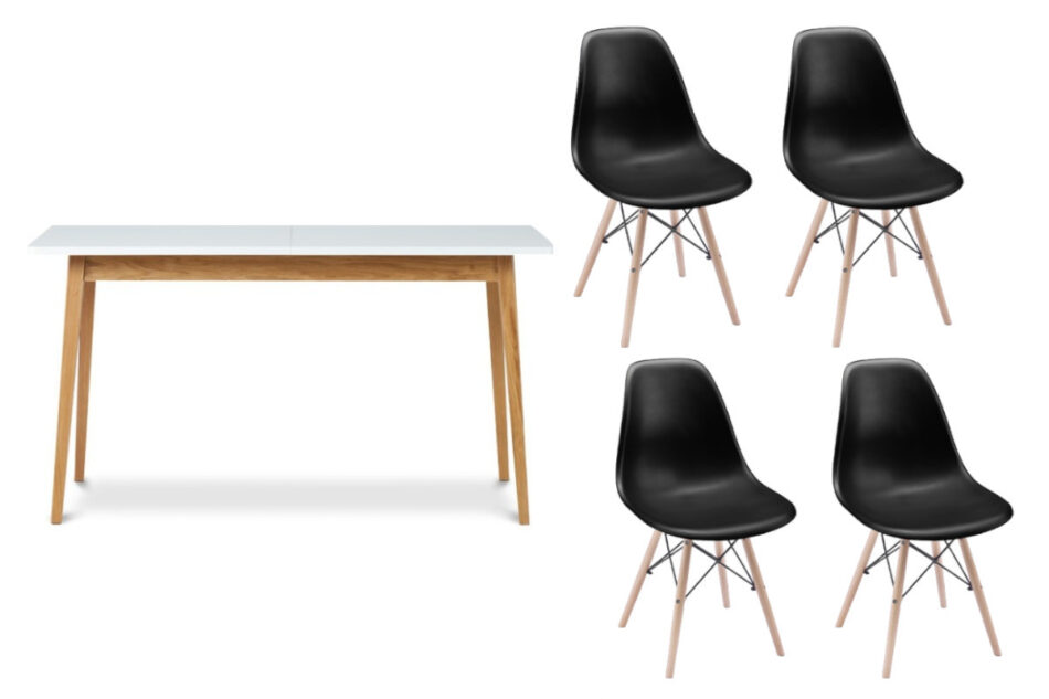 NEREA, FRISK Biały stół rozkładany skandynawski z krzesłami czarny/biały/dąb naturalny - zdjęcie 0