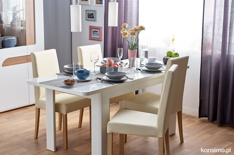 AVERO Rozkładany stół w stylu skandynawskim biały biały połysk - zdjęcie 1