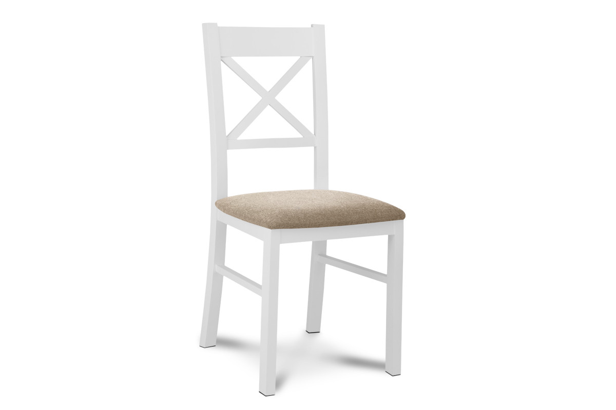 Proste krzesło drewniane krzyżak białe tkanina pleciona beż