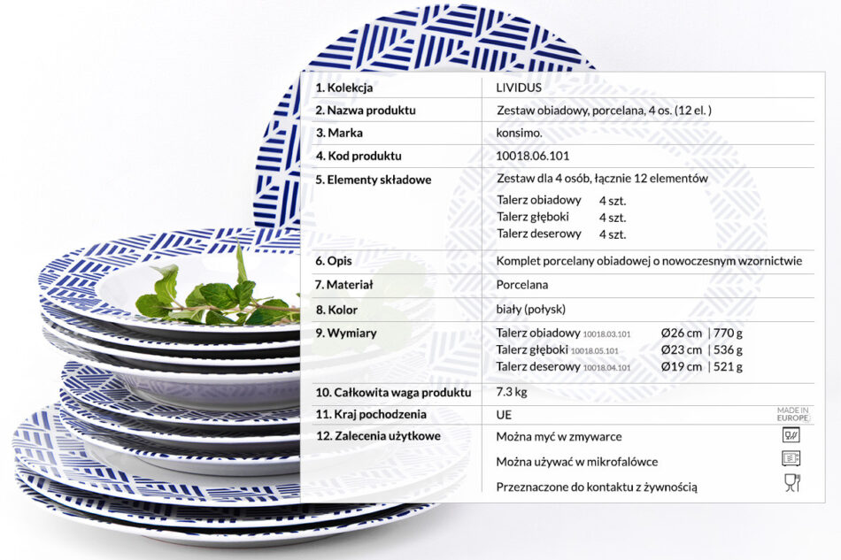 LIVIDUS Zestaw obiadowy porcelanowy grecki wzór biały / niebieski dla 4 os. biały/niebieski - zdjęcie 2