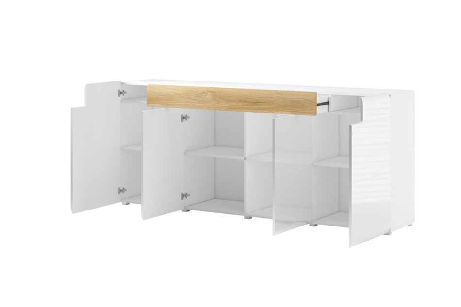 TOLEDO Nowoczesna pojemna komoda półki i szuflady biała  biały połysk/dąb san remo - zdjęcie 2