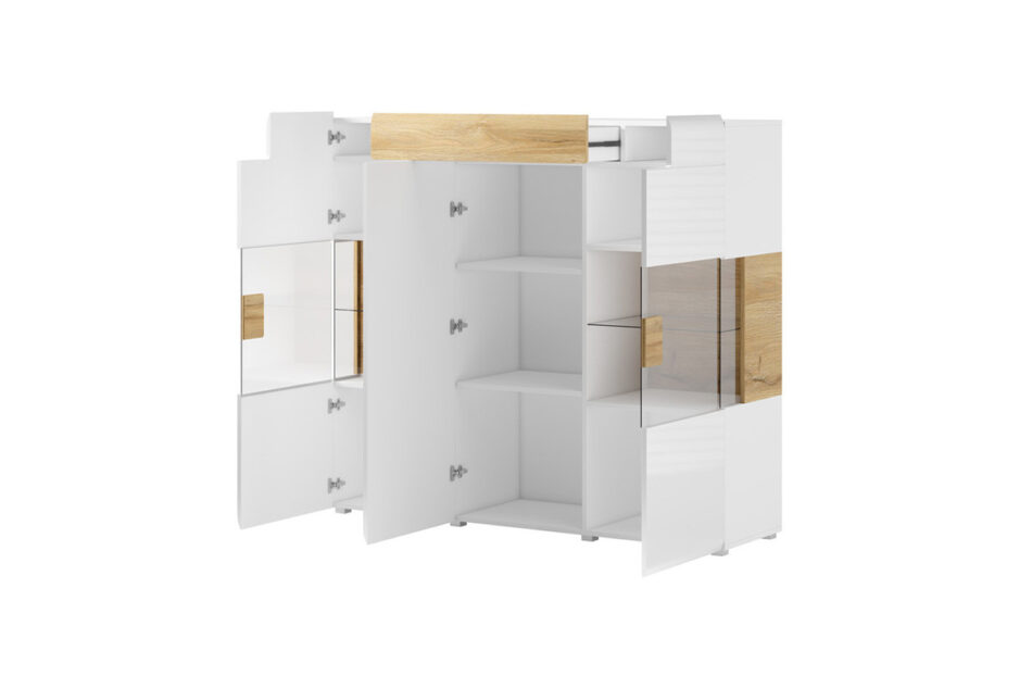 TOLEDO Nowoczesna duża komoda z witryną półki i szuflady biała  biały połysk/dąb san remo - zdjęcie 2