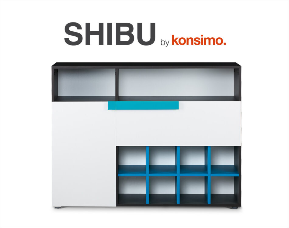 SHIBU Duża komoda dziecięca z półkami grafit/biały/niebieski - zdjęcie 6